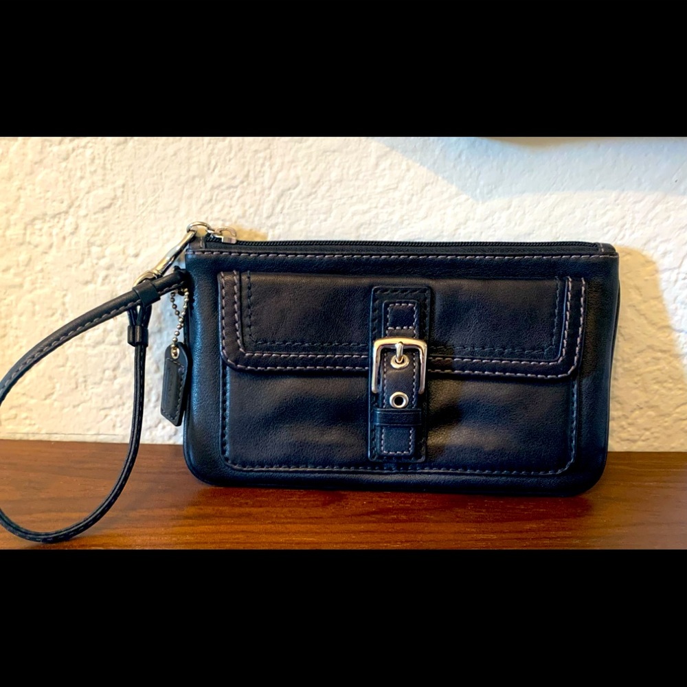 Coach | Black leather wristlet w/ white stitching